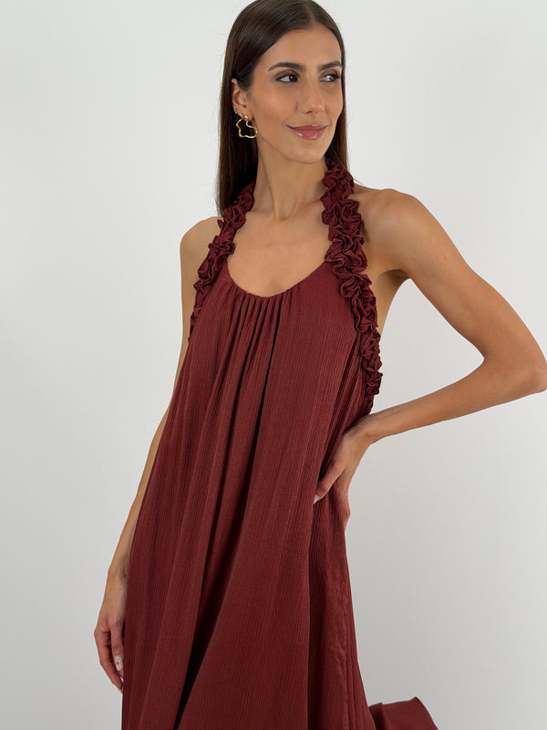 Abito Lungo Bordeaux con Arricciature Lumina
