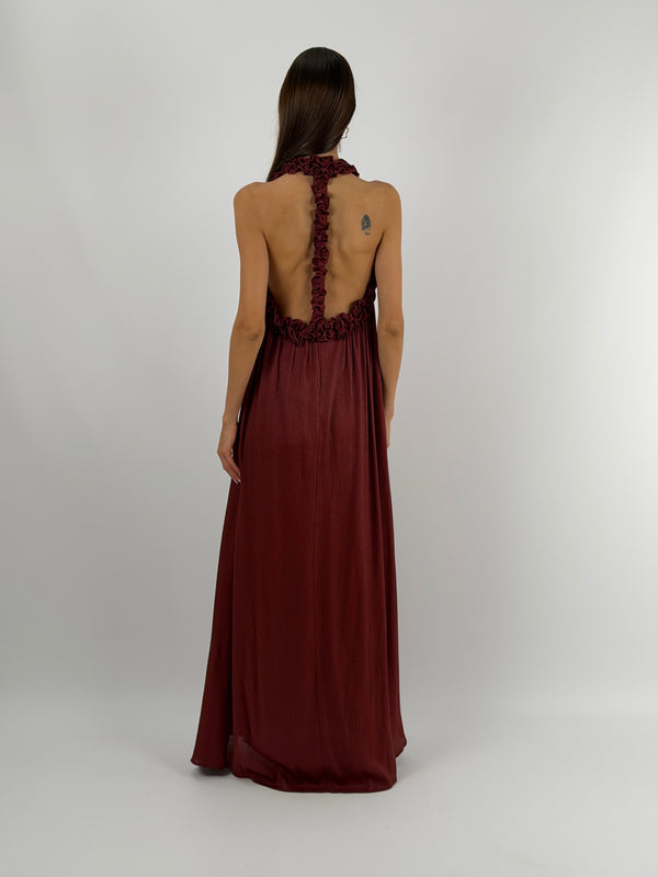 Abito Lungo Bordeaux con Arricciature Lumina