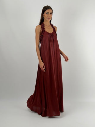 Abito Lungo Bordeaux con Arricciature Lumina