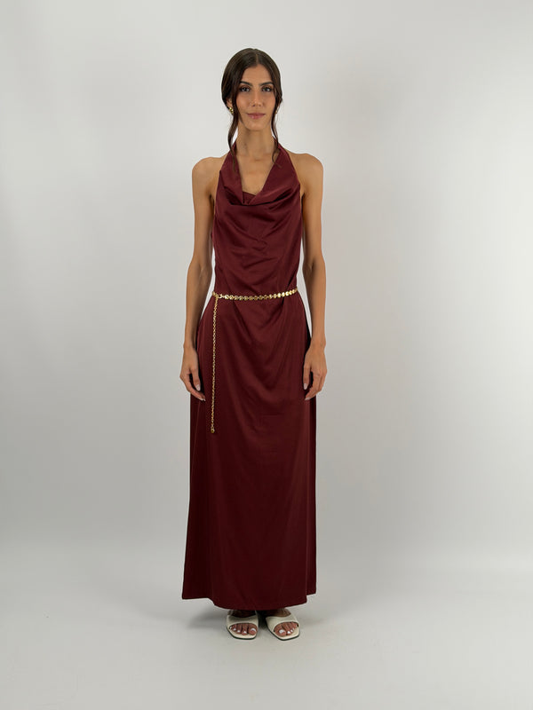 Abito Halter Bordeaux con Pizzo Lumina