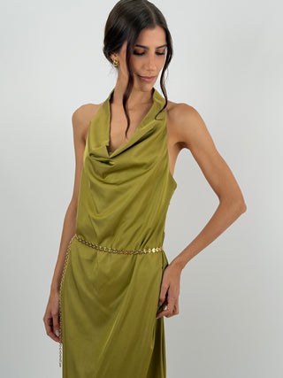 Abito Halter Verde Oliva con Pizzo Lumina