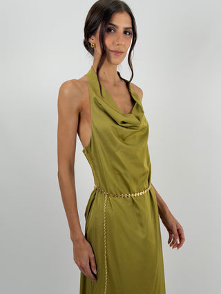 Abito Halter Verde Oliva con Pizzo Lumina