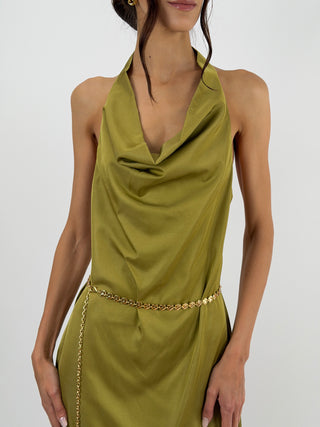 Abito Halter Verde Oliva con Pizzo Lumina