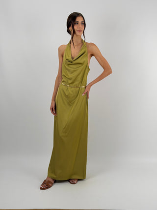 Abito Halter Verde Oliva con Pizzo Lumina