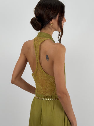 Abito Halter Verde Oliva con Pizzo Lumina
