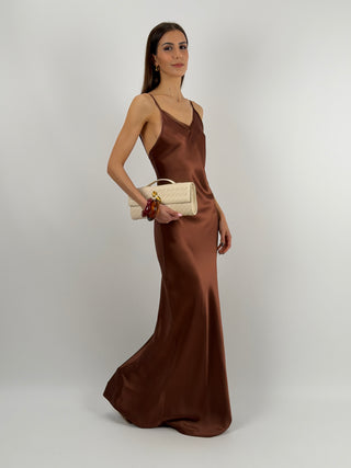 Abito Lungo Marrone in Satin Lumina