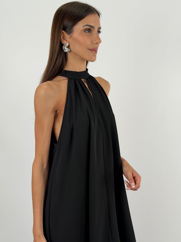Abito Lungo Nero con Piume Lumina