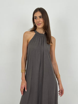Abito Lungo Halter con Balza Antracite