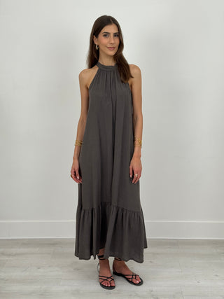 Abito Lungo Halter con Balza Antracite