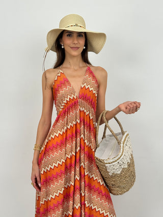 Abito Lurex con Motivo Geometrico Arancione