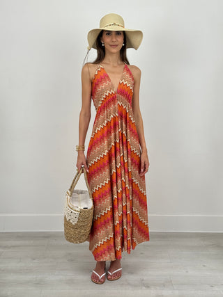Abito Lurex con Motivo Geometrico Arancione