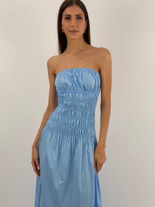 Abito Lungo in Cotone a Fascia Azzurro