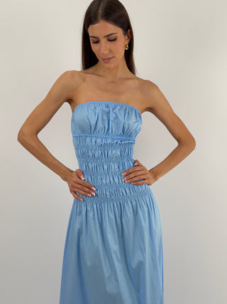 Abito Lungo in Cotone a Fascia Azzurro