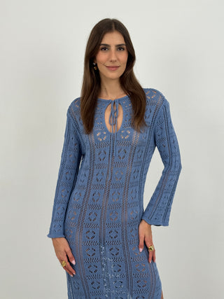 Abito Crochet a Manica Lunga Nizza Azzurro