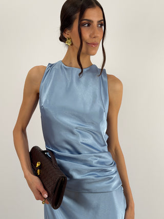 Abito Lungo con Fascia in Vita Azzurro