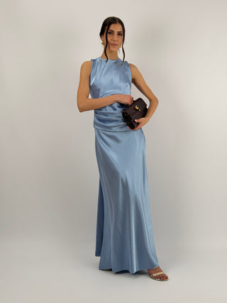 Abito Lungo con Fascia in Vita Azzurro