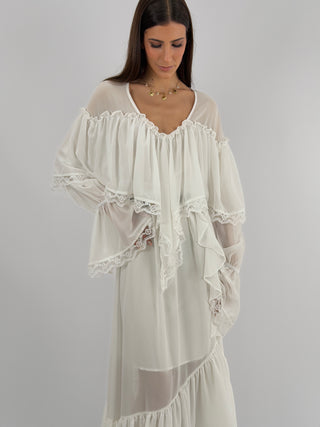 Abito Lungo con Volant e Pizzo Bianco