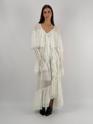 Abito Lungo con Volant e Pizzo Bianco