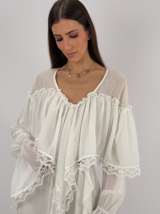 Abito Lungo con Volant e Pizzo Bianco