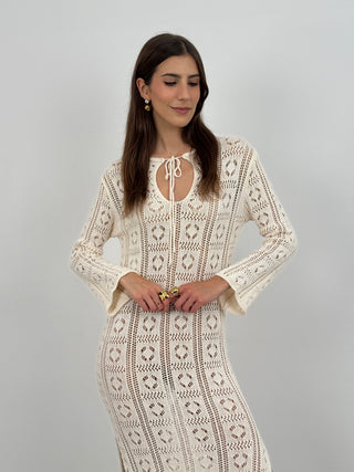 Abito Crochet a Manica Lunga Nizza Bianco