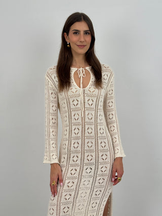 Abito Crochet a Manica Lunga Nizza Bianco