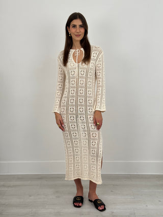 Abito Crochet a Manica Lunga Nizza Bianco
