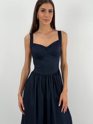 Abito Lungo in Cotone con Balza Blu