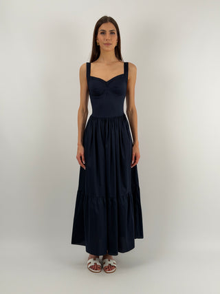Abito Lungo in Cotone con Balza Blu