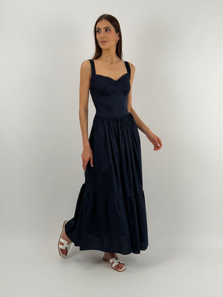 Abito Lungo in Cotone con Balza Blu