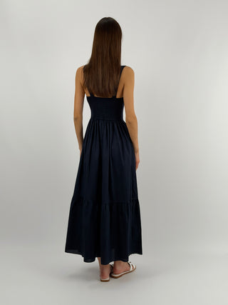 Abito Lungo in Cotone con Balza Blu
