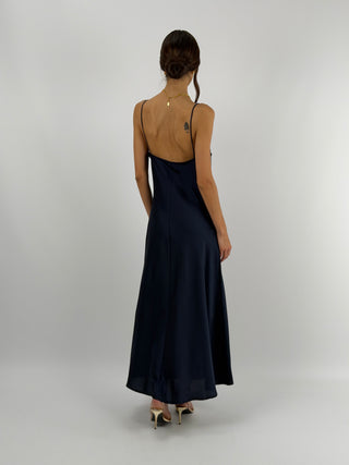 Abito in Satin con Scollo Morbido Blu