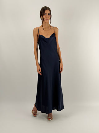 Abito in Satin con Scollo Morbido Blu