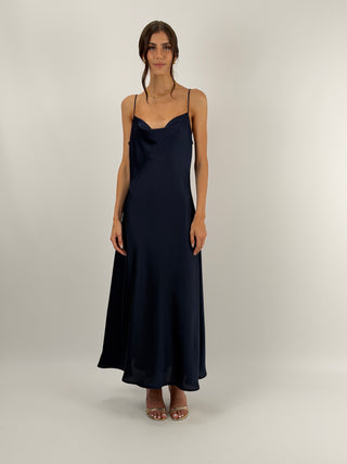 Abito in Satin con Scollo Morbido Blu