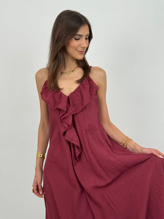 Abito Lungo con Volant Bordeaux