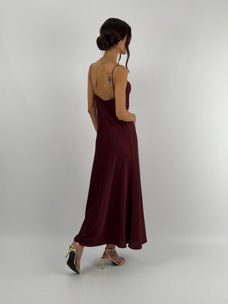 Abito in Satin con Scollo Morbido Bordeaux