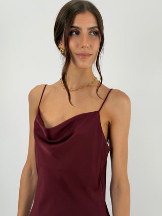 Abito in Satin con Scollo Morbido Bordeaux