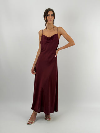 Abito in Satin con Scollo Morbido Bordeaux