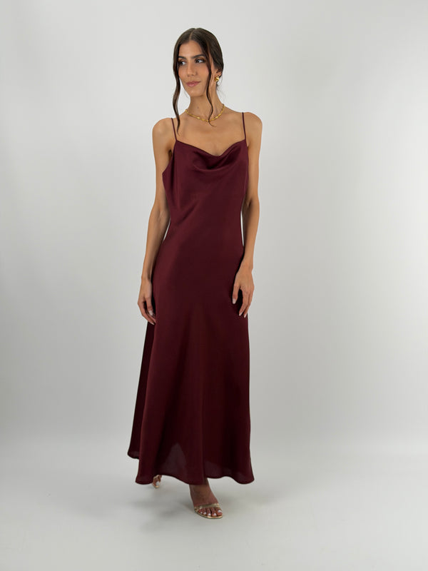Abito in Satin con Scollo Morbido Bordeaux