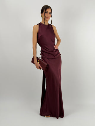 Abito Lungo con Fascia in Vita Burgundy