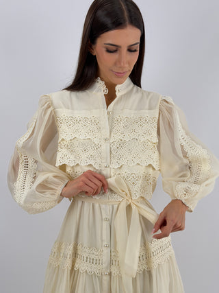 Abito Lungo in Voile con Pizzo Crema