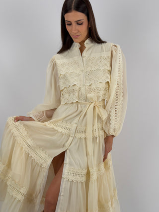 Abito Lungo in Voile con Pizzo Crema