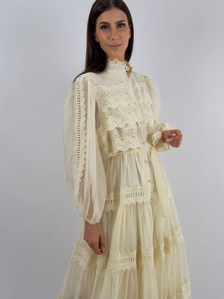 Abito Lungo in Voile con Pizzo Crema