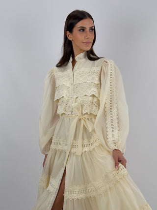 Abito Lungo in Voile con Pizzo Crema