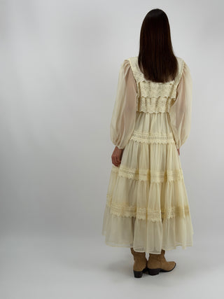 Abito Lungo in Voile con Pizzo Crema