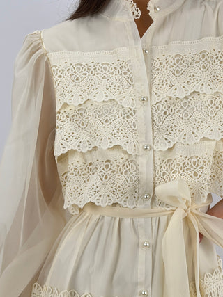 Abito Lungo in Voile con Pizzo Crema