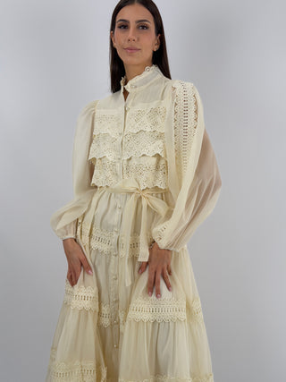 Abito Lungo in Voile con Pizzo Crema