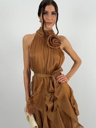 Abito in Chiffon con Volant Bronzo