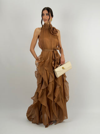 Abito in Chiffon con Volant Bronzo
