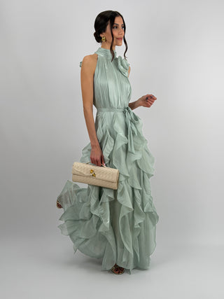 Abito in Chiffon con Volant Verde Salvia