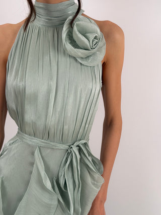 Abito in Chiffon con Volant Verde Salvia